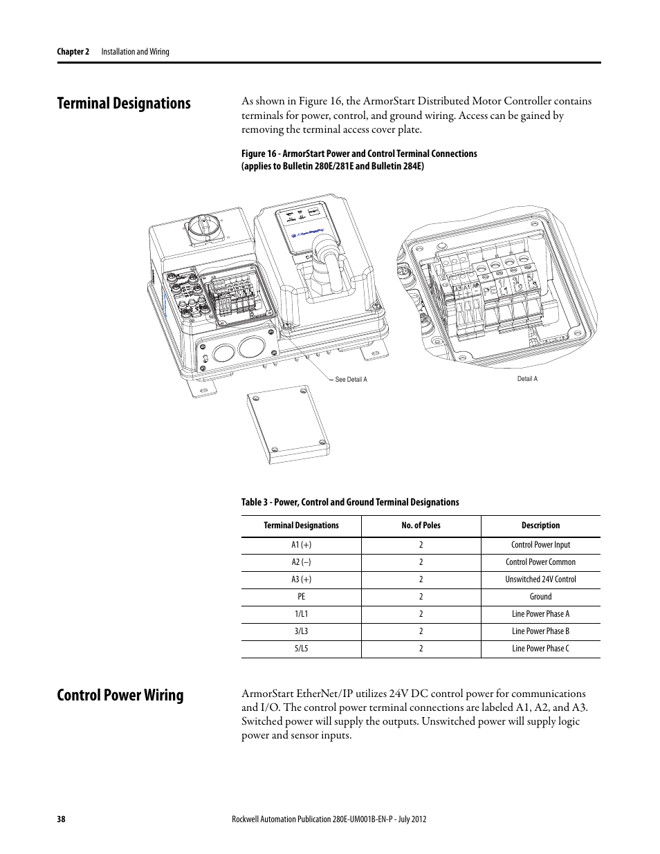 Terminal designations, Control power wiring, Terminal designations control power wiring | Rockwell Automation 284E ArmorStart with EtherNet/IP - User Manual User Manual | Page 38 / 348