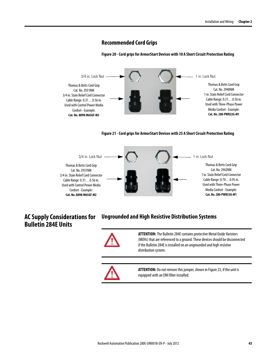 Recommended cord grips, Ac supply considerations for bulletin 284e units, Ungrounded and high resistive distribution systems | Rockwell Automation 284E ArmorStart with EtherNet/IP - User Manual User Manual | Page 43 / 348