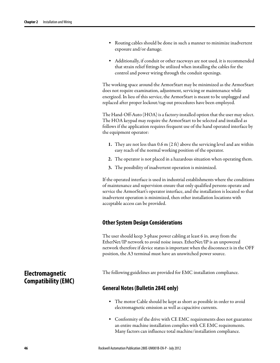 Other system design considerations, Electromagnetic compatibility (emc), General notes (bulletin 284e only) | Rockwell Automation 284E ArmorStart with EtherNet/IP - User Manual User Manual | Page 46 / 348