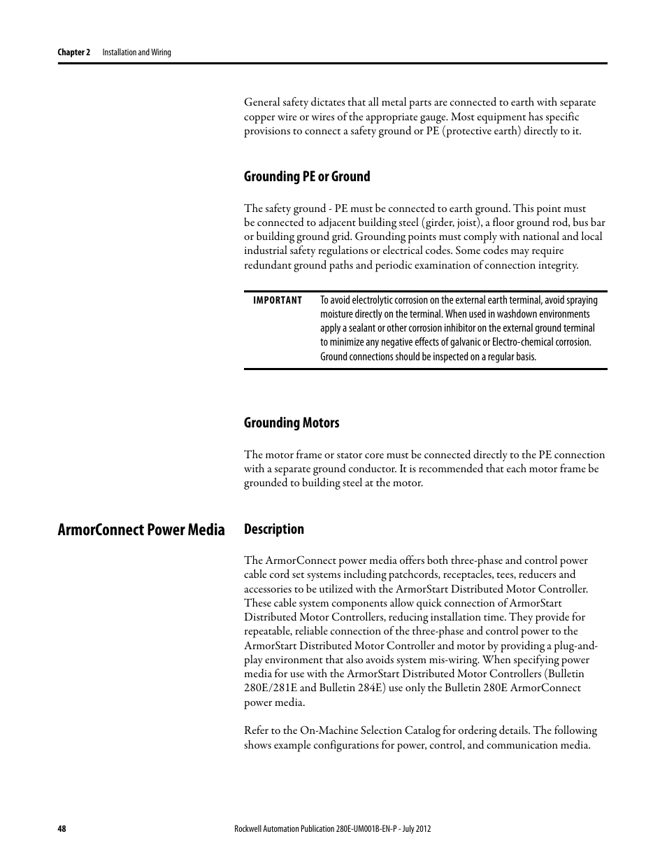 Grounding pe or ground, Grounding motors, Armorconnect power media | Description, Grounding pe or ground grounding motors | Rockwell Automation 284E ArmorStart with EtherNet/IP - User Manual User Manual | Page 48 / 348