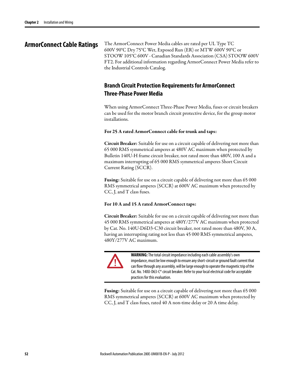 Armorconnect cable ratings | Rockwell Automation 284E ArmorStart with EtherNet/IP - User Manual User Manual | Page 52 / 348