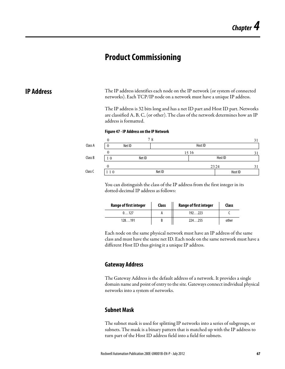 Chapter 4, Product commissioning, Ip address | Gateway address, Subnet mask, Gateway address subnet mask, Chapter | Rockwell Automation 284E ArmorStart with EtherNet/IP - User Manual User Manual | Page 67 / 348