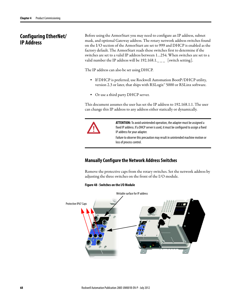 Configuring ethernet/ ip address, Manually configure the network address switches | Rockwell Automation 284E ArmorStart with EtherNet/IP - User Manual User Manual | Page 68 / 348