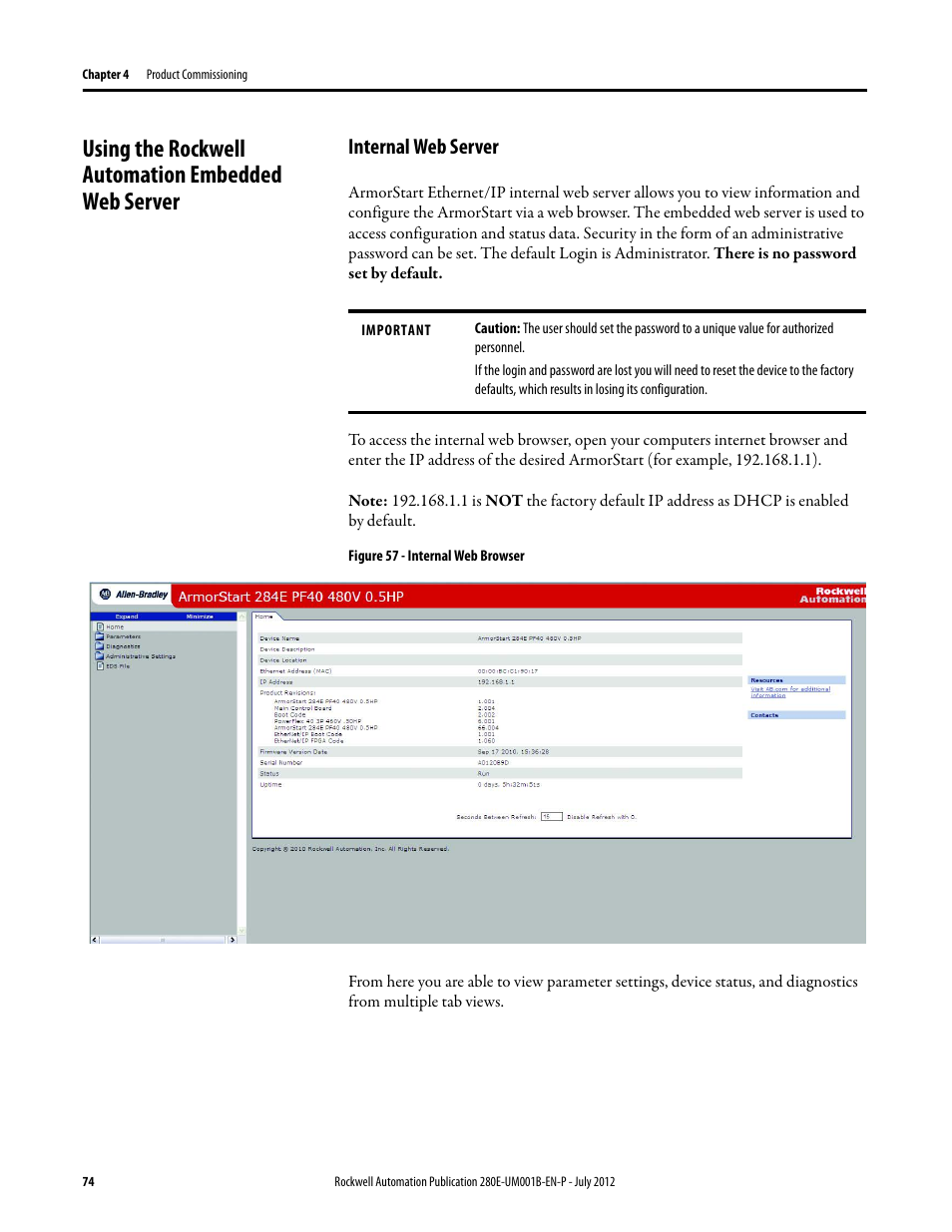 Using the rockwell automation embedded web server, Internal web server | Rockwell Automation 284E ArmorStart with EtherNet/IP - User Manual User Manual | Page 74 / 348