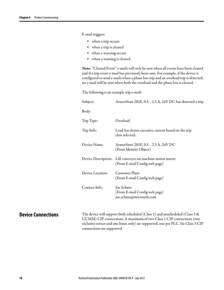 Device connections | Rockwell Automation 284E ArmorStart with EtherNet/IP - User Manual User Manual | Page 78 / 348