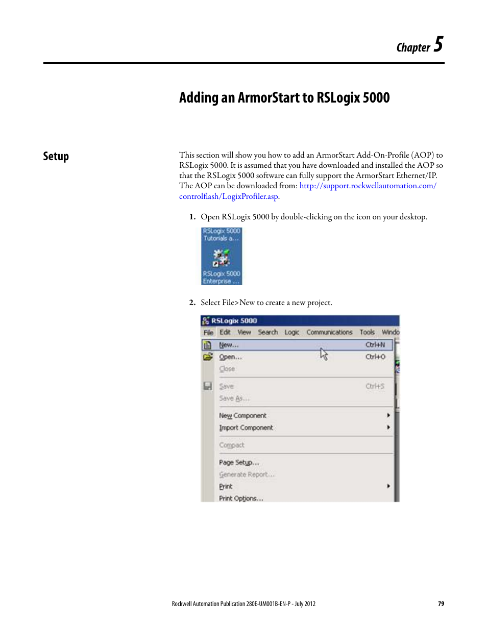 Chapter 5, Adding an armorstart to rslogix 5000, Setup | Rockwell Automation 284E ArmorStart with EtherNet/IP - User Manual User Manual | Page 79 / 348