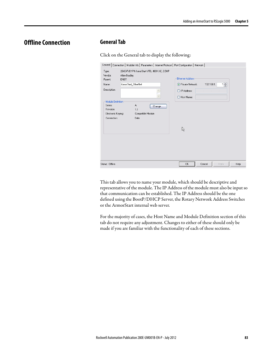 Offline connection, General tab | Rockwell Automation 284E ArmorStart with EtherNet/IP - User Manual User Manual | Page 83 / 348