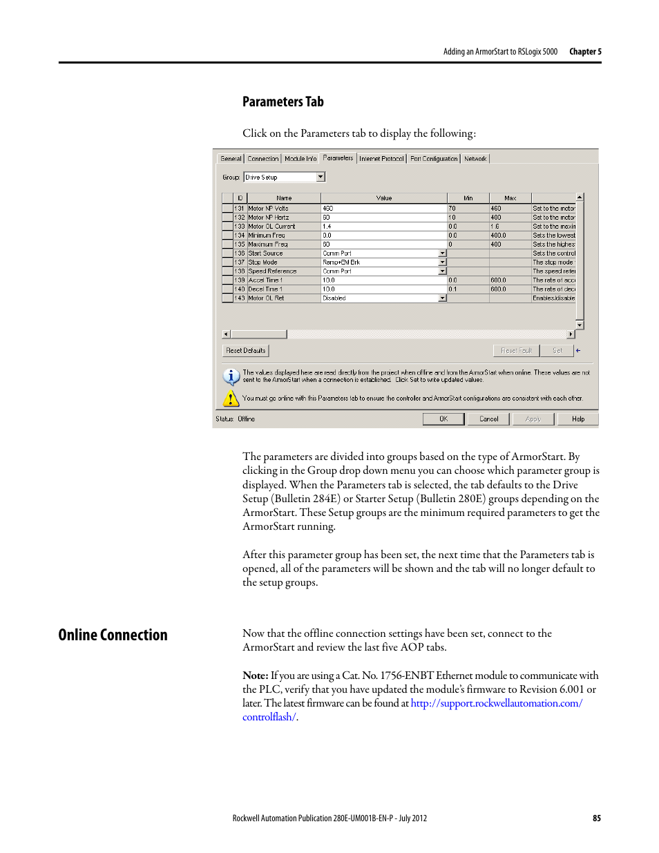 Parameters tab, Online connection | Rockwell Automation 284E ArmorStart with EtherNet/IP - User Manual User Manual | Page 85 / 348