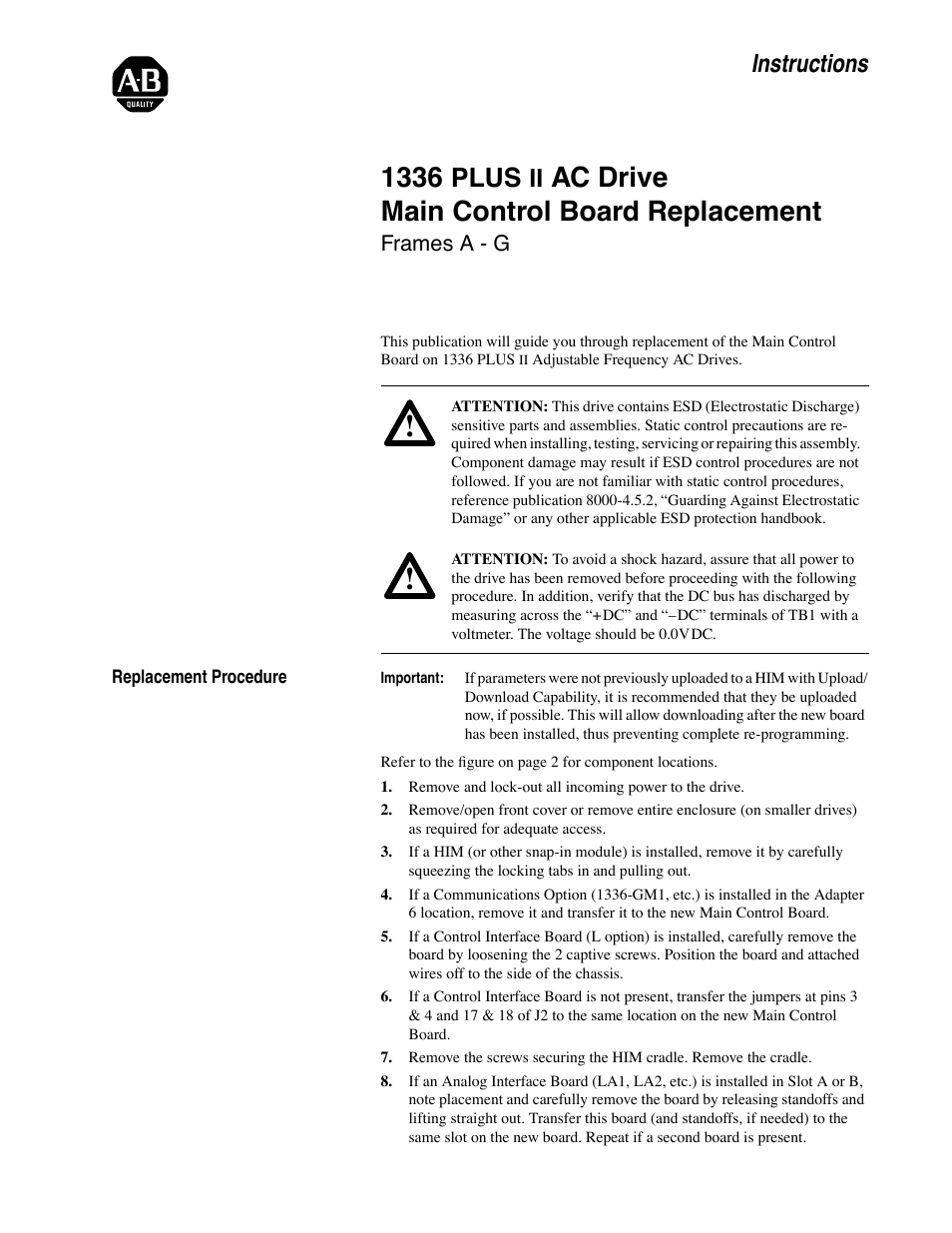 Rockwell Automation 1336S PLUS II Control Board Replacement Inst. User Manual | 2 pages