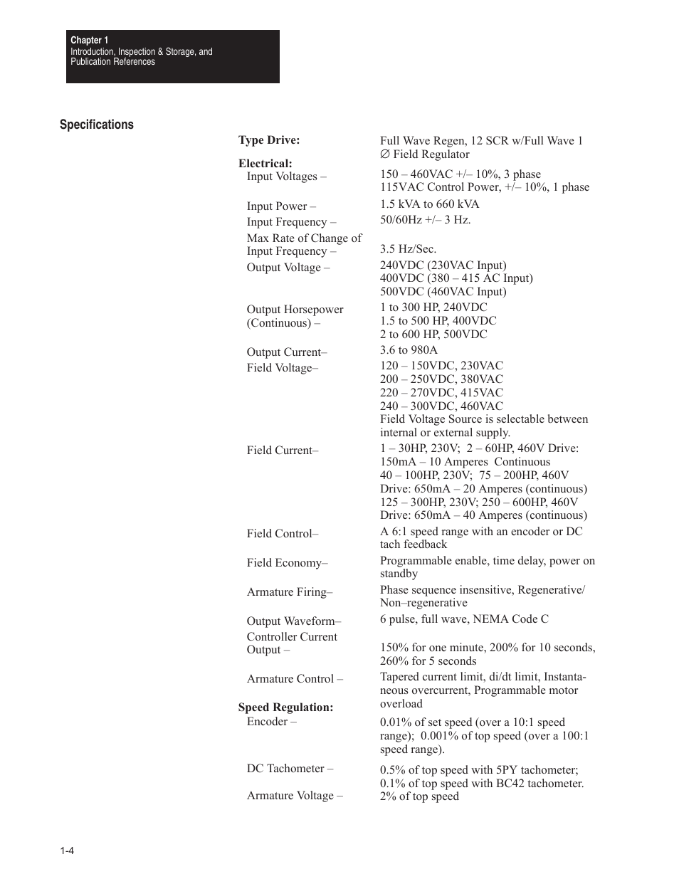 Specifications | Rockwell Automation 1395 Digital DC Drive FRN 5-10.10/9.30 User Manual | Page 14 / 312