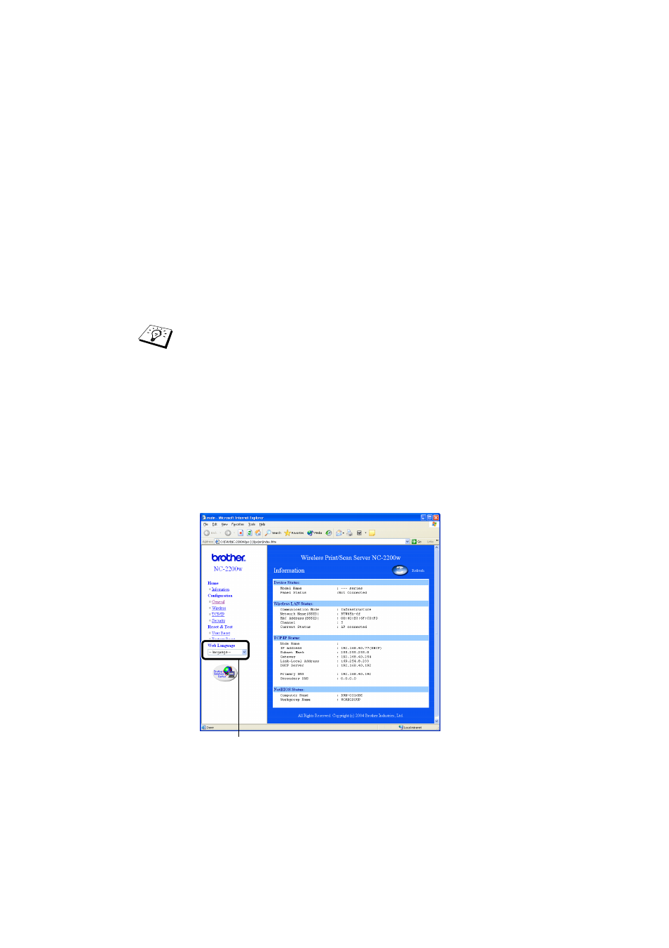 Using the embedded web server to change settings | Brother NC-2200W User Manual | Page 31 / 75