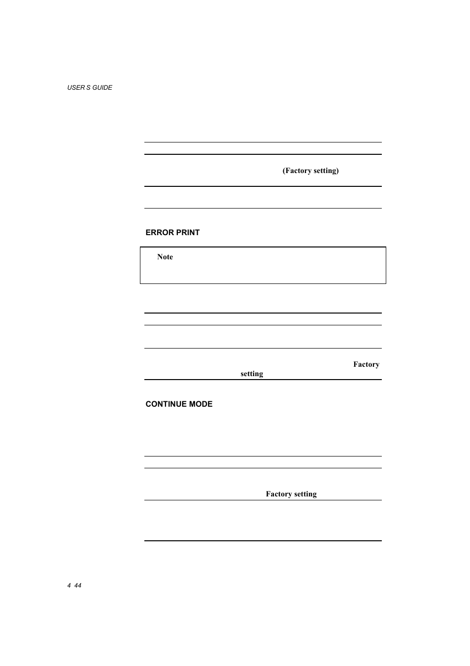 Error print -44, Continue mode -44, Printing. for further information, see | Toner low” in chapter 4, Error print=on | Brother HL-1660E User Manual | Page 111 / 258
