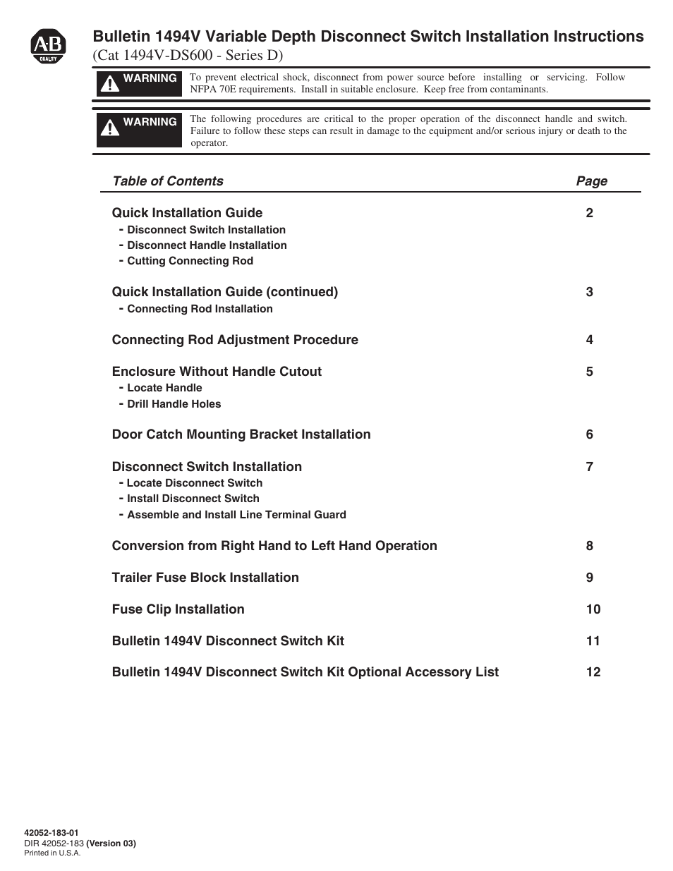 Rockwell Automation 1494V-DS600 - Series D Variable Depth Disconnect Switch Kit and Accessories (600A) User Manual | 12 pages