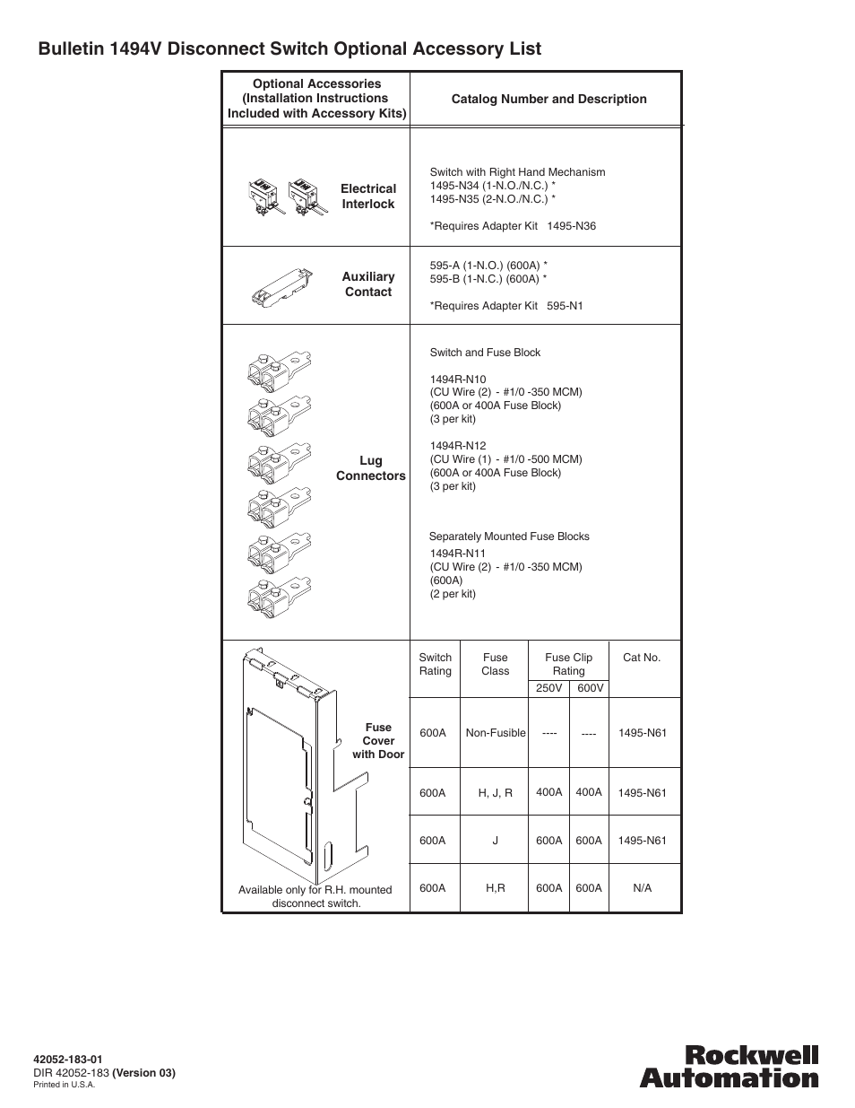 Rockwell Automation 1494V-DS600 - Series D Variable Depth Disconnect Switch Kit and Accessories (600A) User Manual | Page 12 / 12