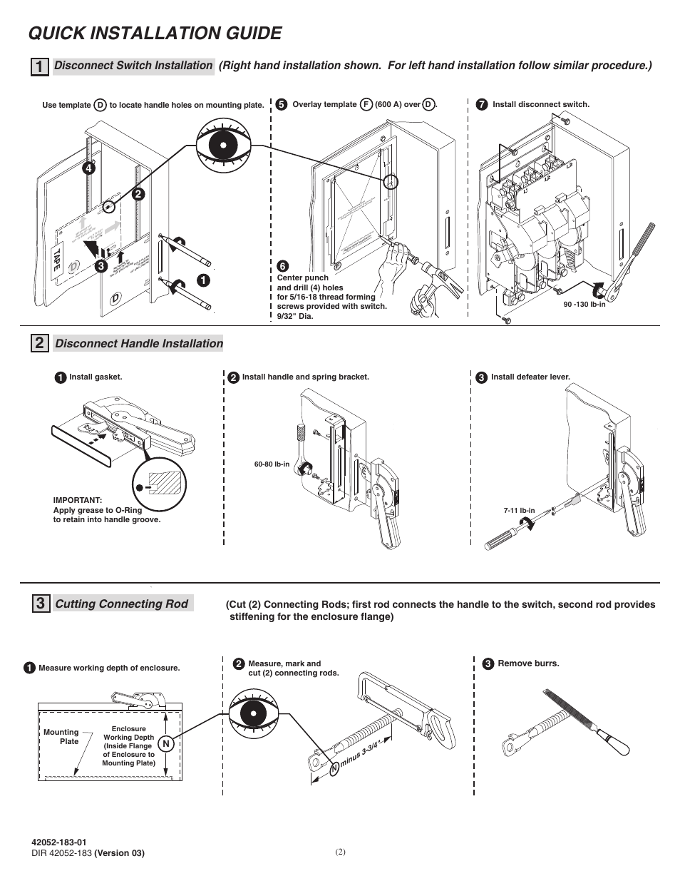 Quick installation guide, Cutting connecting rod, Disconnect switc h hole location template (600a) | Use opposite side f or left hand installation), Tape | Rockwell Automation 1494V-DS600 - Series D Variable Depth Disconnect Switch Kit and Accessories (600A) User Manual | Page 2 / 12