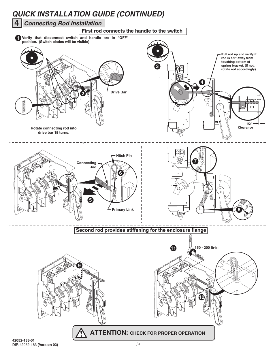 Quick installation guide (continued), Attention, Connecting rod installation | Rockwell Automation 1494V-DS600 - Series D Variable Depth Disconnect Switch Kit and Accessories (600A) User Manual | Page 3 / 12