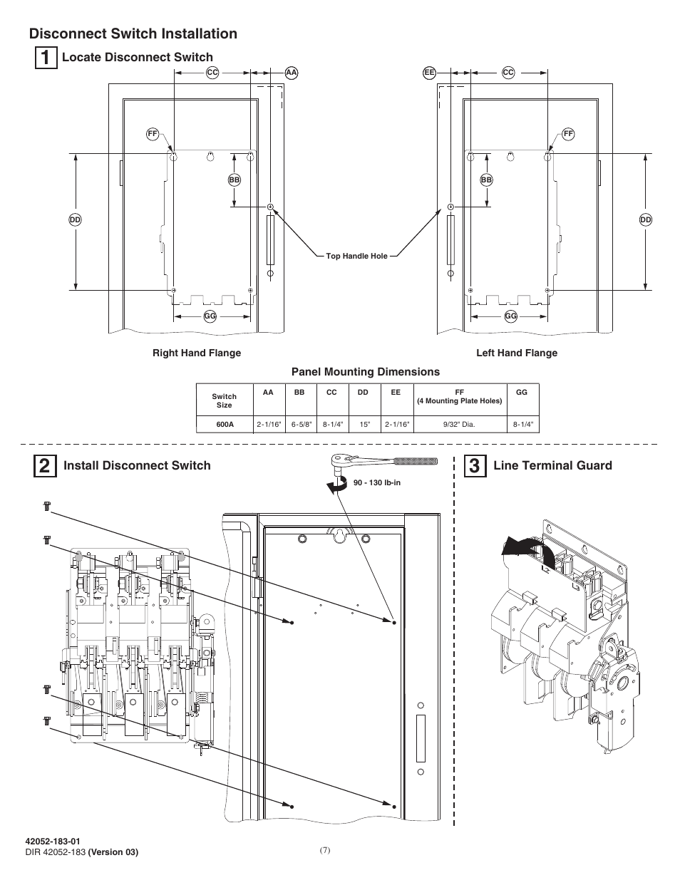 Disconnect switch installation, Locate disconnect switch, Install disconnect switch | Line terminal guard | Rockwell Automation 1494V-DS600 - Series D Variable Depth Disconnect Switch Kit and Accessories (600A) User Manual | Page 7 / 12