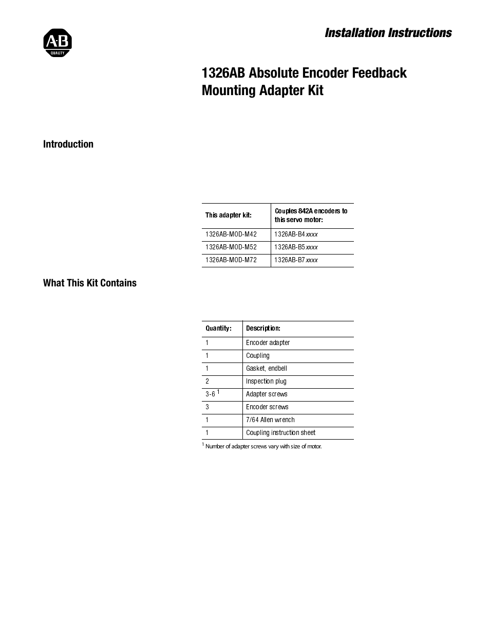 Rockwell Automation 1326AB, 1394, 842A Absolute Encoder Feedback Adapter Kit User Manual | 4 pages