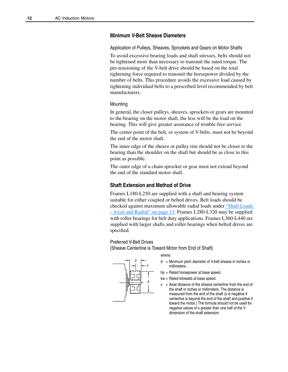 Minimum v-belt sheave diameters, Shaft extension and method of drive | Rockwell Automation 1329L AC Induction Motors User Manual User Manual | Page 12 / 24