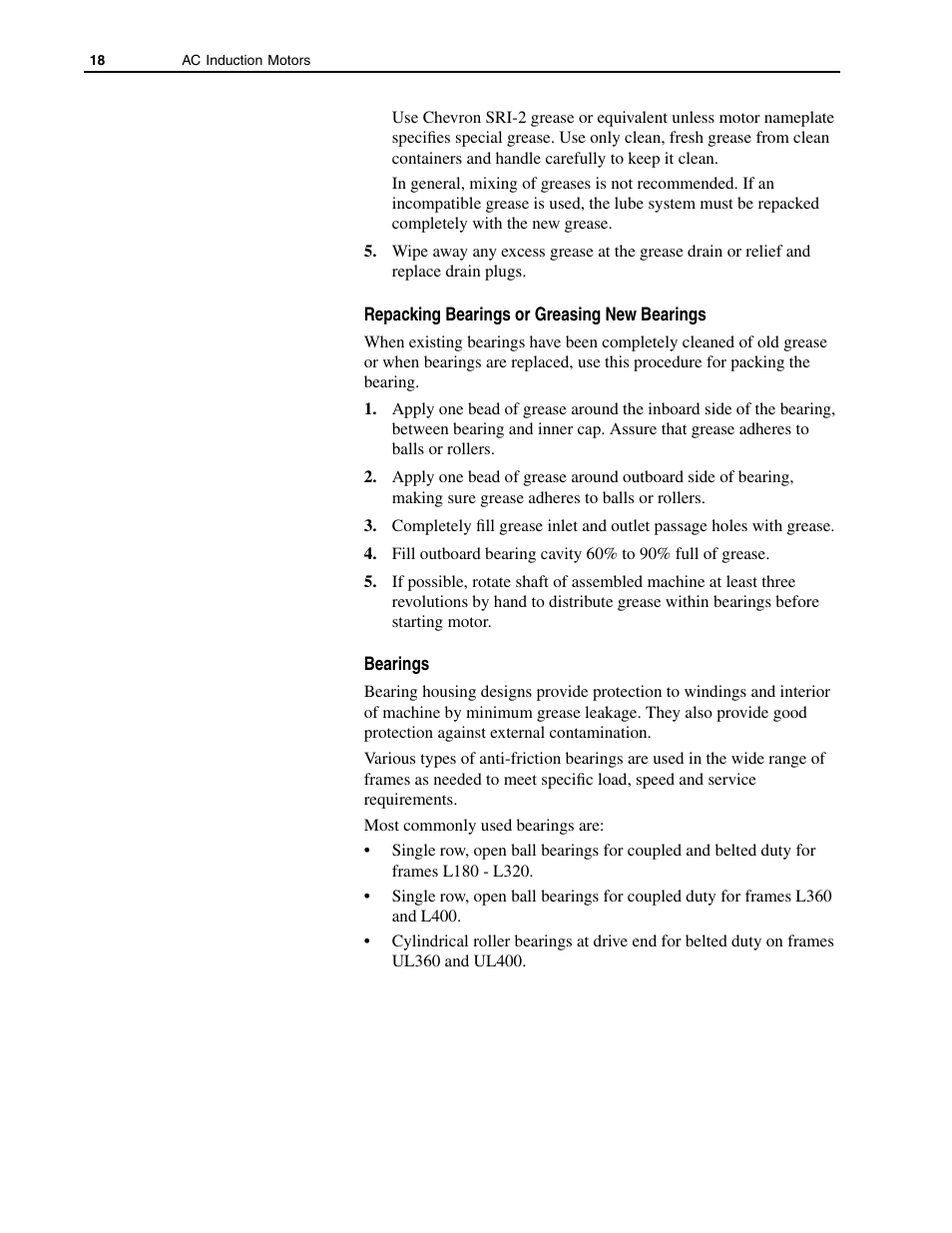 Repacking bearings or greasing new bearings, Bearings | Rockwell Automation 1329L AC Induction Motors User Manual User Manual | Page 18 / 24