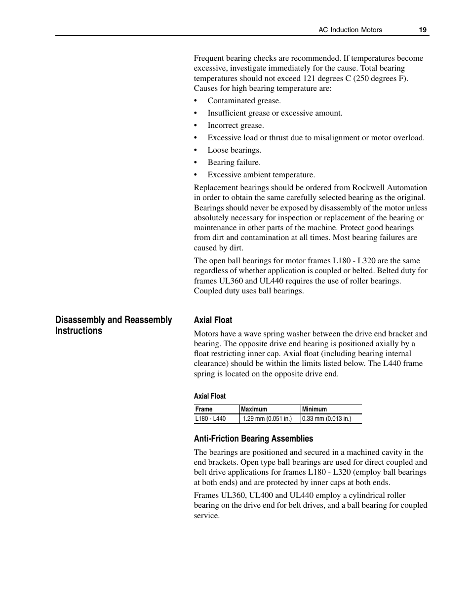 Disassembly and reassembly instructions, Axial float, Anti-friction bearing assemblies | Rockwell Automation 1329L AC Induction Motors User Manual User Manual | Page 19 / 24