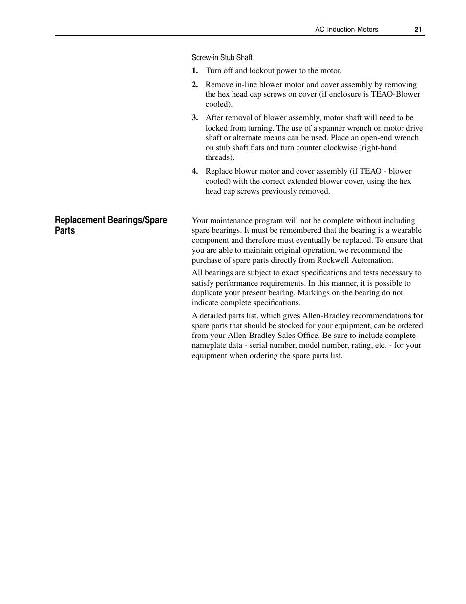 Replacement bearings/spare parts | Rockwell Automation 1329L AC Induction Motors User Manual User Manual | Page 21 / 24
