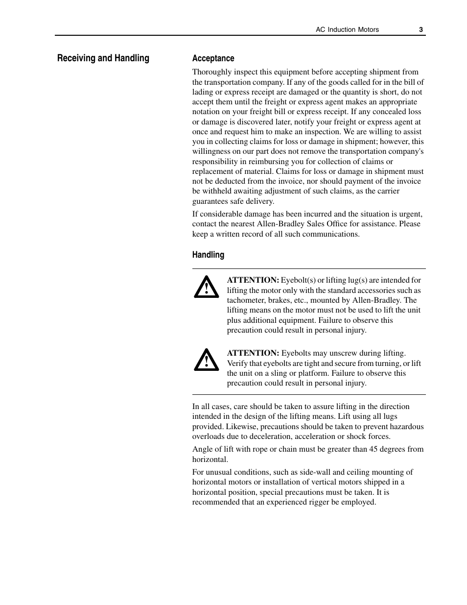 Receiving and handling, Acceptance, Handling | Rockwell Automation 1329L AC Induction Motors User Manual User Manual | Page 3 / 24
