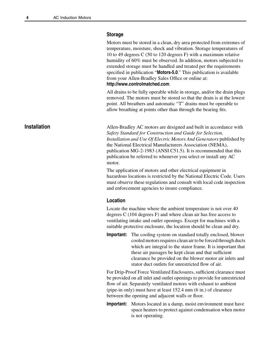 Storage, Installation, Location | Rockwell Automation 1329L AC Induction Motors User Manual User Manual | Page 4 / 24