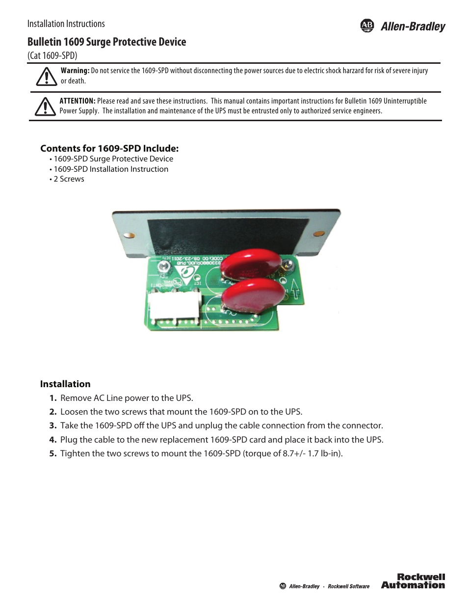 Rockwell Automation 1609 SPD User Manual | 2 pages