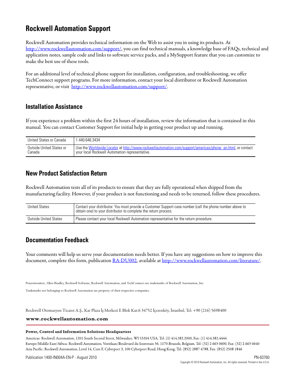 Back cover, Rockwell automation support, Installation assistance | New product satisfaction return, Documentation feedback | Rockwell Automation 1400-PM-ACC Powermonitor Accessory Kit User Manual | Page 2 / 2