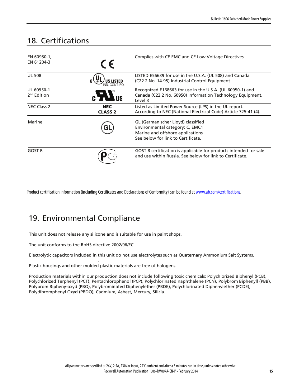 Certifications, Environmental compliance | Rockwell Automation 1606-XLP60EQ Power Supply Reference Manual User Manual | Page 15 / 24