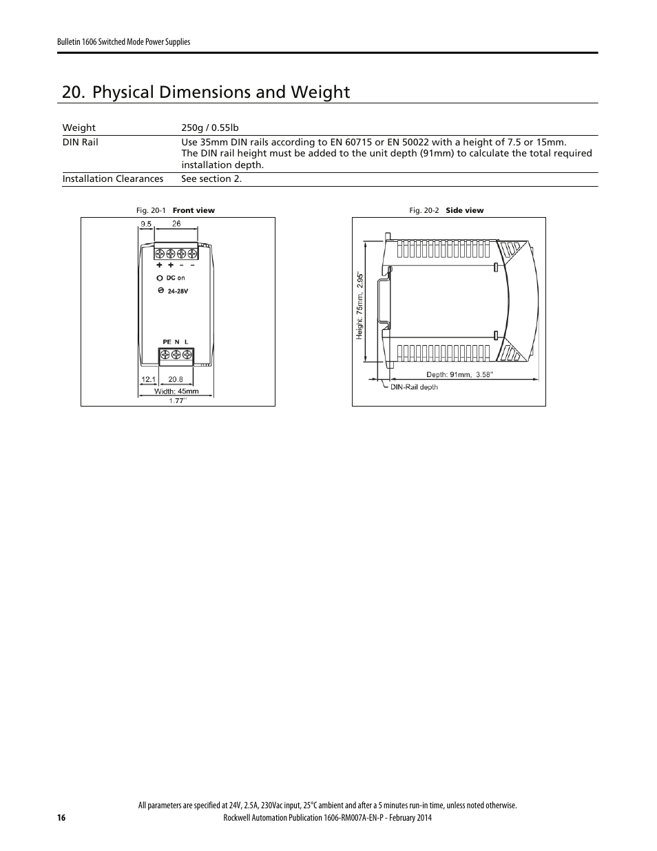 Physical dimensions and weight | Rockwell Automation 1606-XLP60EQ Power Supply Reference Manual User Manual | Page 16 / 24