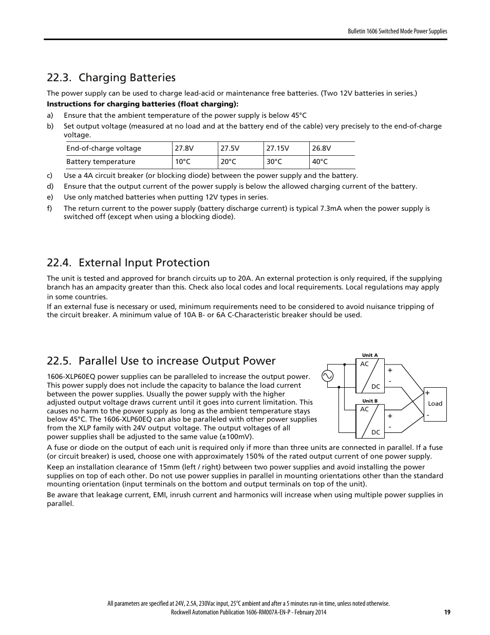 Charging batteries, External input protection, Parallel use to increase output power | Rockwell Automation 1606-XLP60EQ Power Supply Reference Manual User Manual | Page 19 / 24