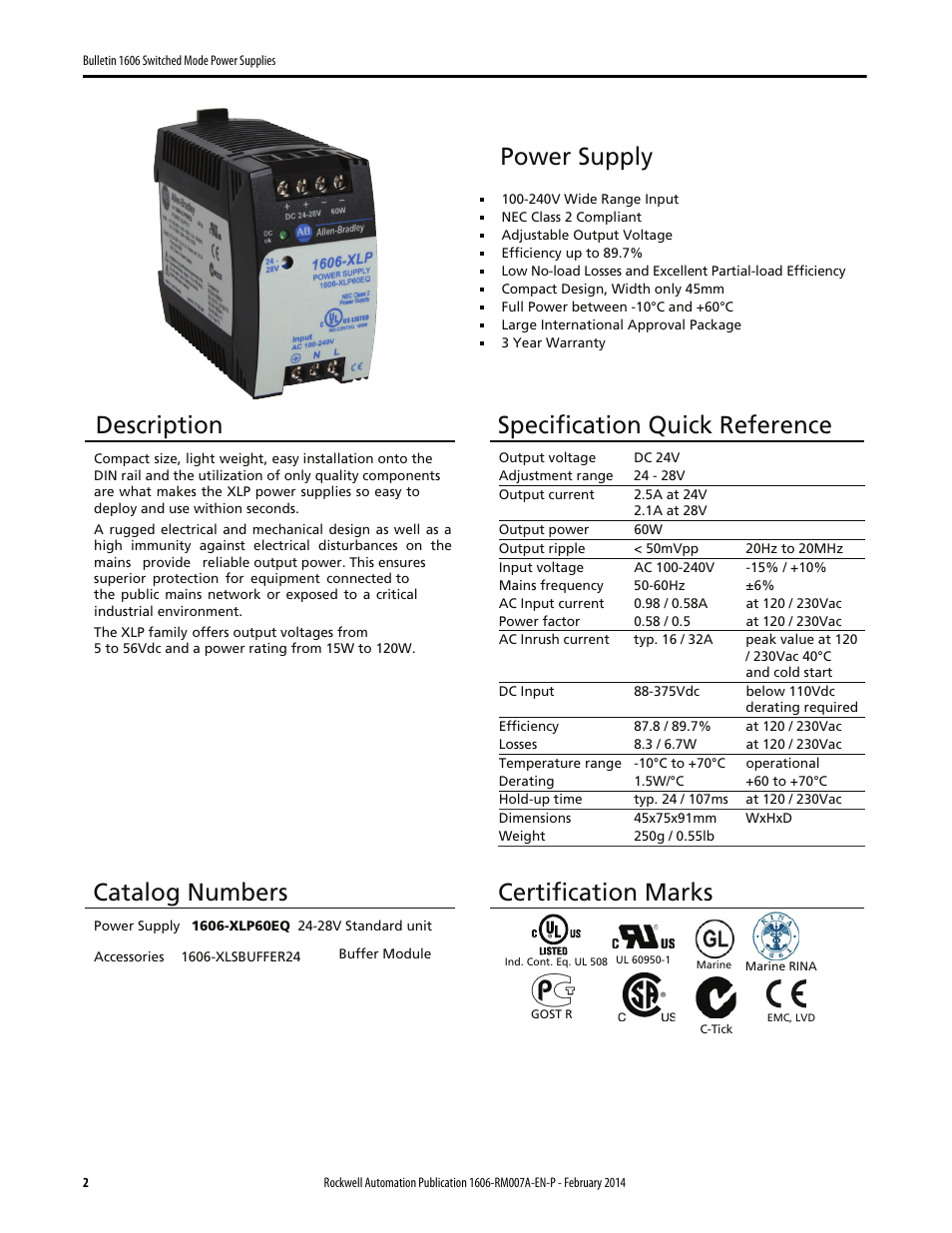 Power supply, Description, Specification quick reference | Catalog numbers, Certification marks | Rockwell Automation 1606-XLP60EQ Power Supply Reference Manual User Manual | Page 2 / 24