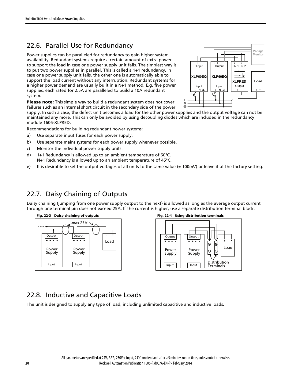 Parallel use for redundancy, Daisy chaining of outputs, Inductive and capacitive loads | Rockwell Automation 1606-XLP60EQ Power Supply Reference Manual User Manual | Page 20 / 24