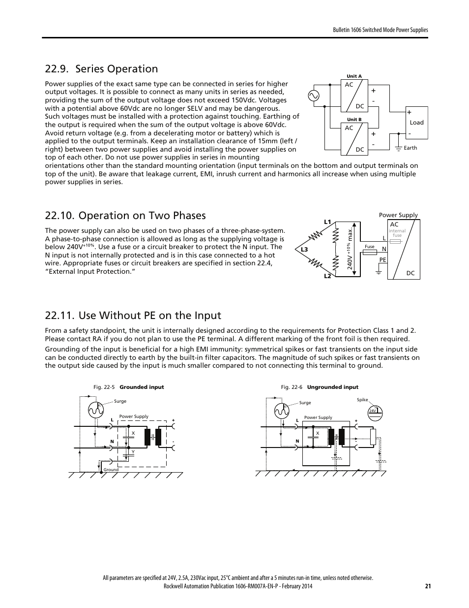 Series operation, Operation on two phases, Use without pe on the input | Rockwell Automation 1606-XLP60EQ Power Supply Reference Manual User Manual | Page 21 / 24