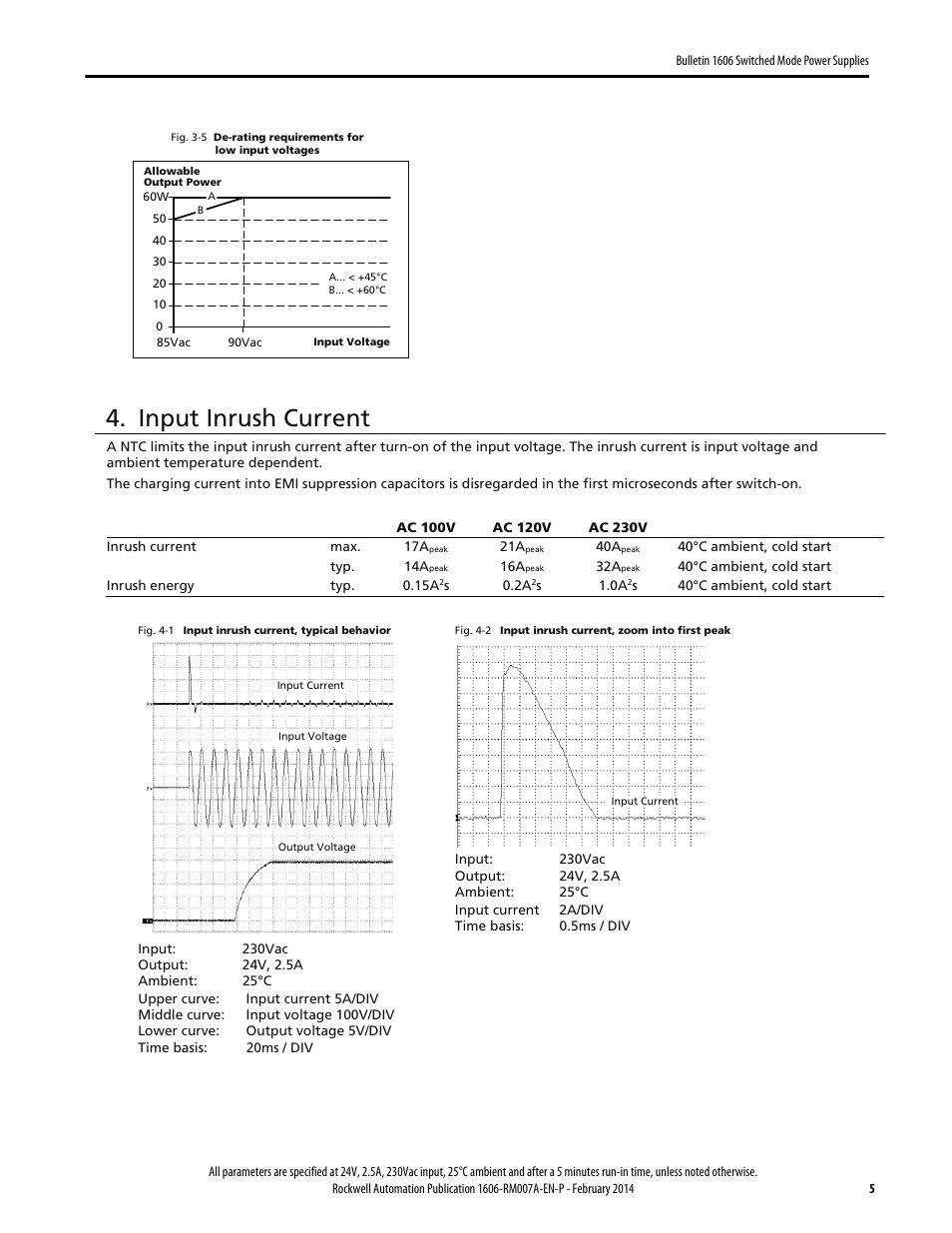 Input inrush current | Rockwell Automation 1606-XLP60EQ Power Supply Reference Manual User Manual | Page 5 / 24