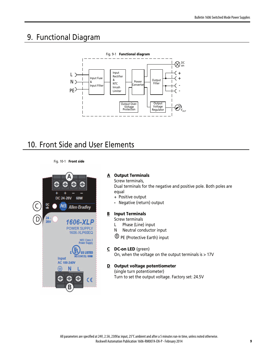 Functional diagram, Front side and user elements | Rockwell Automation 1606-XLP60EQ Power Supply Reference Manual User Manual | Page 9 / 24