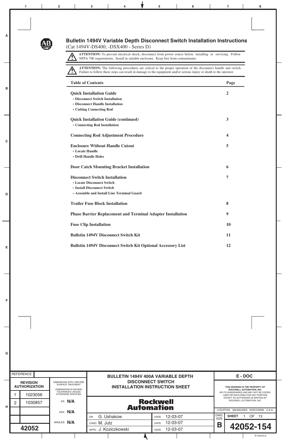 Rockwell Automation 1494V-DS400_DSX400-Series D Variable Depth Disconnect Switch User Manual | 12 pages