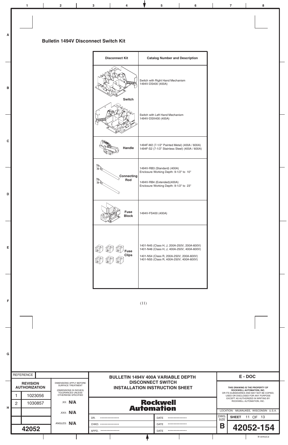 Bulletin 1494v disconnect switch kit | Rockwell Automation 1494V-DS400_DSX400-Series D Variable Depth Disconnect Switch User Manual | Page 11 / 12