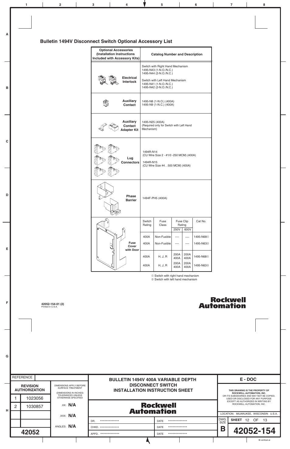 E - doc | Rockwell Automation 1494V-DS400_DSX400-Series D Variable Depth Disconnect Switch User Manual | Page 12 / 12