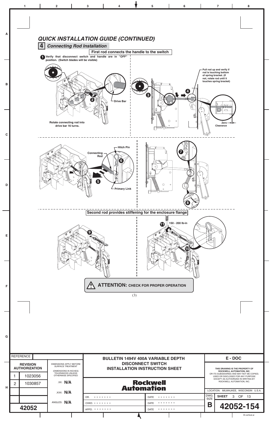 Quick installation guide (continued), Attention, Connecting rod installation | Rockwell Automation 1494V-DS400_DSX400-Series D Variable Depth Disconnect Switch User Manual | Page 3 / 12