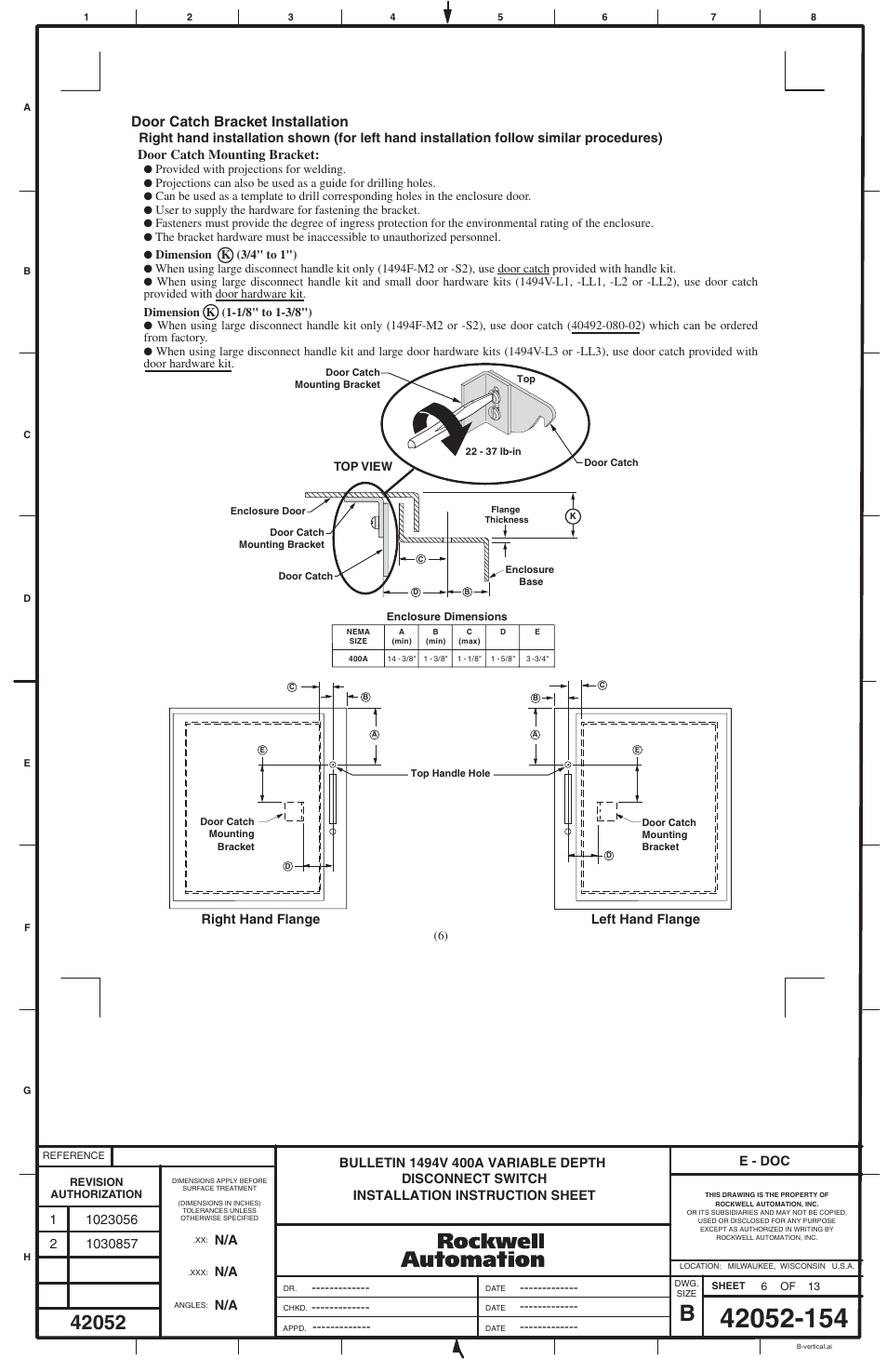 Door catch bracket installation | Rockwell Automation 1494V-DS400_DSX400-Series D Variable Depth Disconnect Switch User Manual | Page 6 / 12