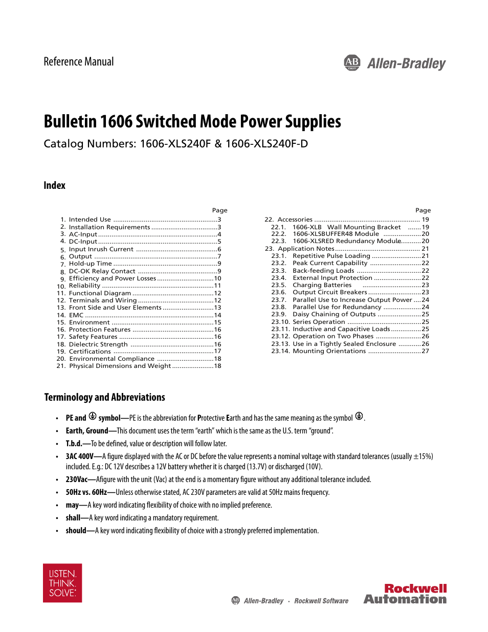 Rockwell Automation 1606-XLS240F, -XLS240F-D Power Supply Reference Manual User Manual | 28 pages