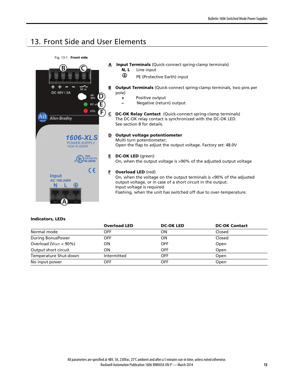 Front side and user elements | Rockwell Automation 1606-XLS240F, -XLS240F-D Power Supply Reference Manual User Manual | Page 13 / 28
