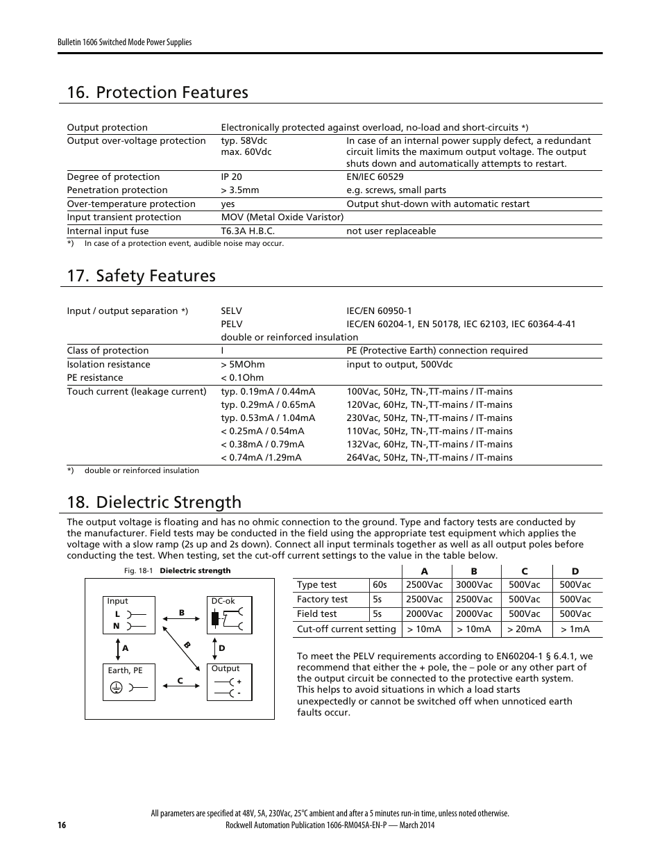 Protection features, Safety features, Dielectric strength | Rockwell Automation 1606-XLS240F, -XLS240F-D Power Supply Reference Manual User Manual | Page 16 / 28