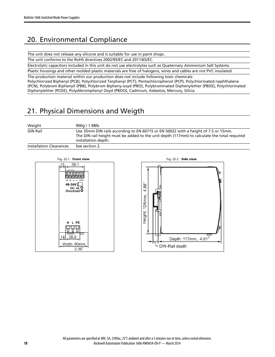 Environmental compliance, Physical dimensions and weigth | Rockwell Automation 1606-XLS240F, -XLS240F-D Power Supply Reference Manual User Manual | Page 18 / 28