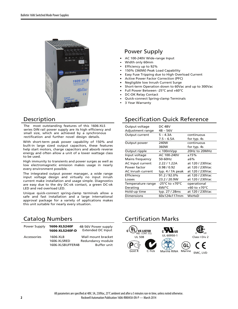 Power supply, Description, Specification quick reference | Catalog numbers, Certification marks | Rockwell Automation 1606-XLS240F, -XLS240F-D Power Supply Reference Manual User Manual | Page 2 / 28