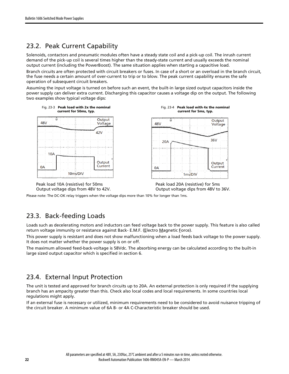 Peak current capability, Back-feeding loads, External input protection | Rockwell Automation 1606-XLS240F, -XLS240F-D Power Supply Reference Manual User Manual | Page 22 / 28