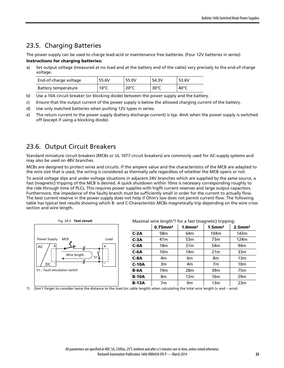 Charging batteries, Output circuit breakers | Rockwell Automation 1606-XLS240F, -XLS240F-D Power Supply Reference Manual User Manual | Page 23 / 28